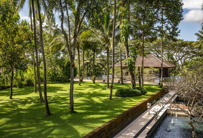 lawn and pound coconut trees Yoga Studios Ubud Classes Practice Bali