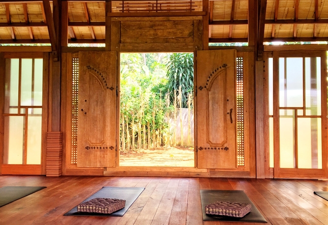 beautiful wooden joggle interior house Yoga Studios Ubud Classes Practice Bali