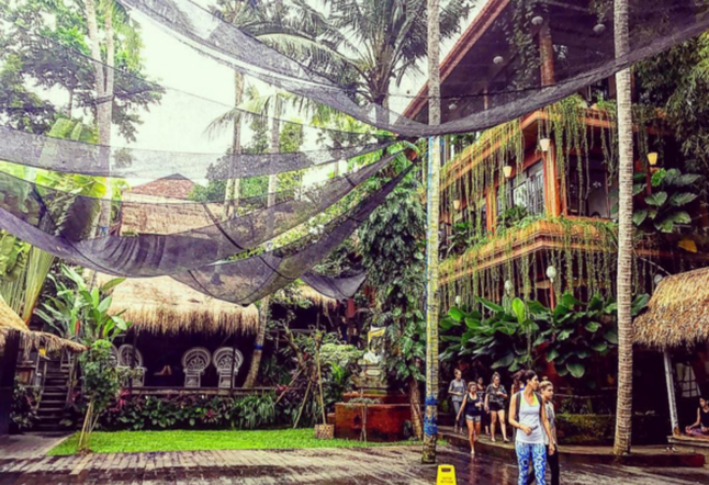 bamboo houses with black nets and coconut trees Yoga Studios Ubud Classes Practice Bali