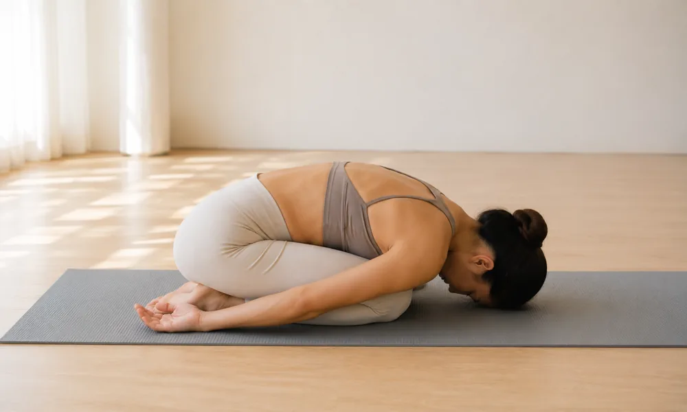 A yoga practitioner transitions out of Savasana (Corpse Pose) by rolling into a supported fetal position. This traditional method helps preserve relaxation, supports the nervous system, and allows a gradual return to seated practice after deep rest.