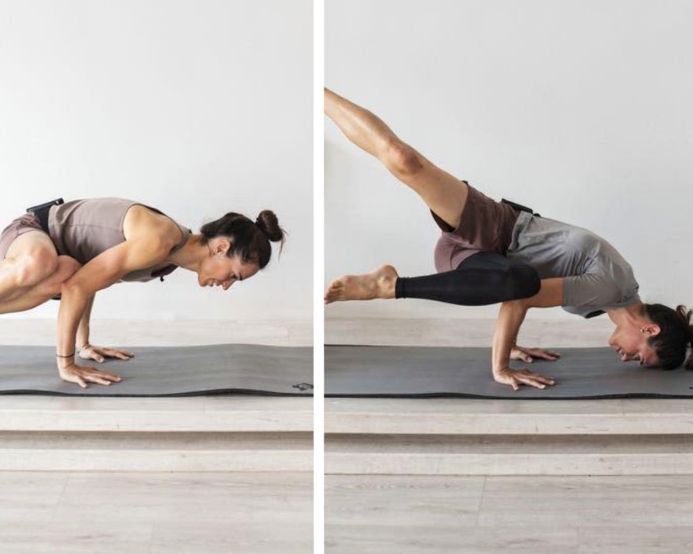 Transition from Side Crow Pose to Fallen Angel Pose