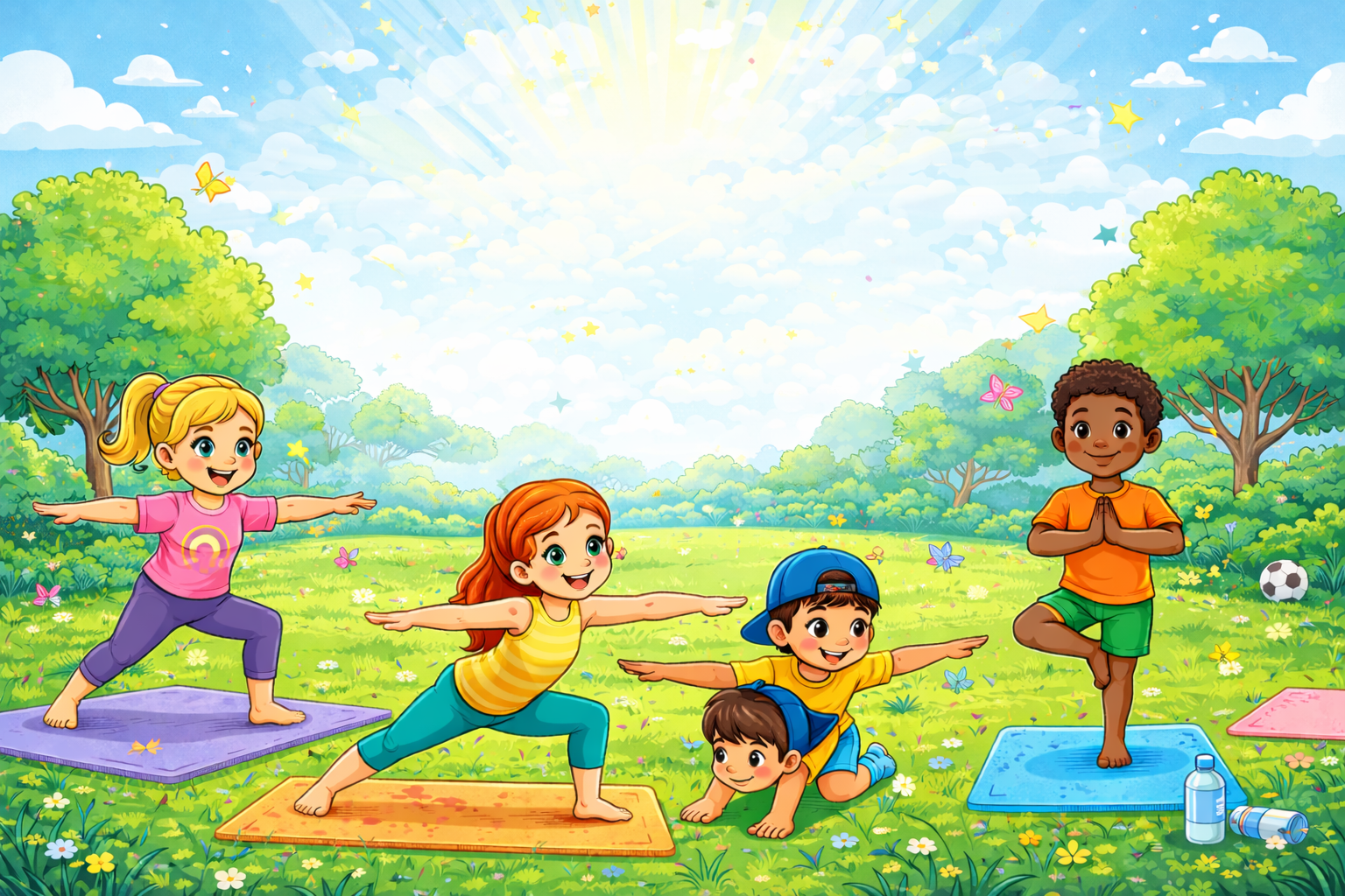 Four diverse children doing yoga poses on colorful mats in a sunny park with trees, flowers, and butterflies in the background.