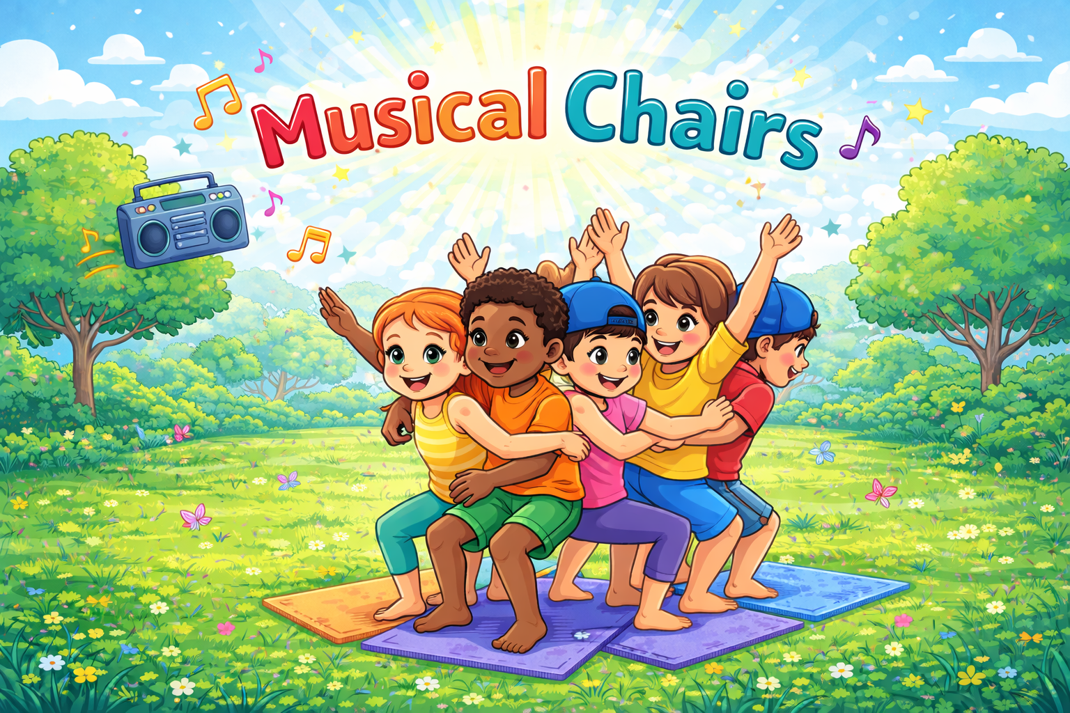 Six diverse children sitting in a circle in yoga chair pose, leaning back onto each other’s thighs while playing a cooperative musical chairs yoga game outdoors in a bright, sunny park.