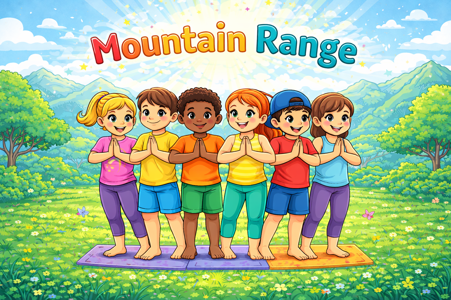 Six diverse children standing close together in mountain pose with their feet touching, practicing a cooperative yoga balance game outdoors in a colorful park with mountains in the background.