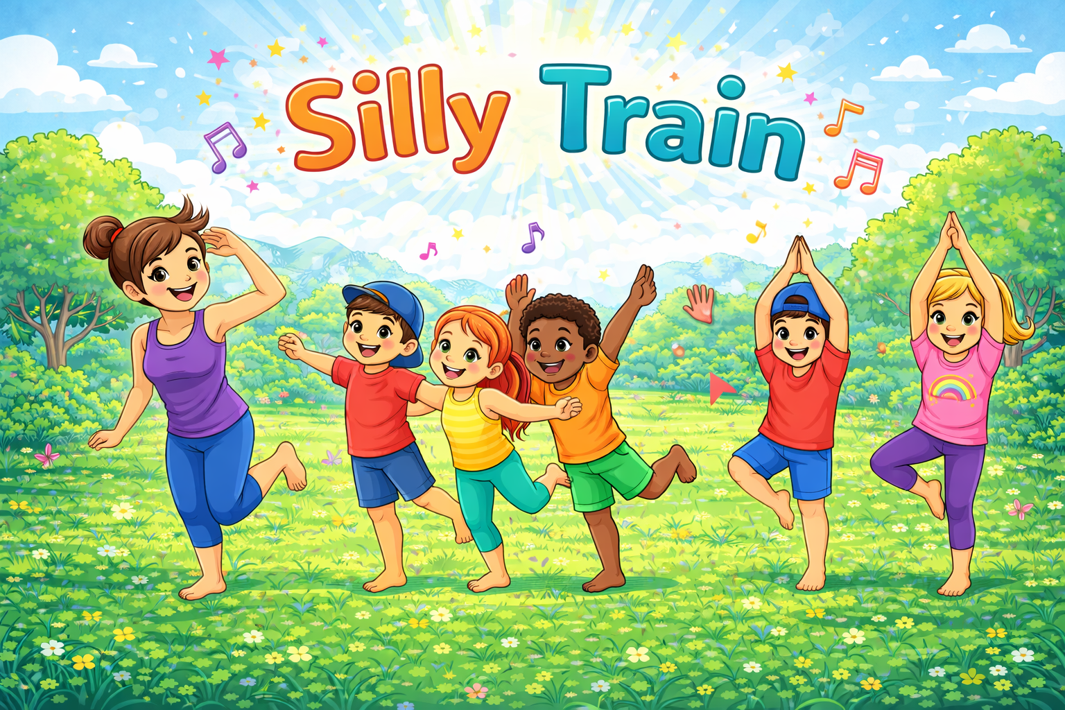 Five children and a teacher lined up in a “silly train,” dancing playfully in a sunny park before stopping to hold a yoga pose together.