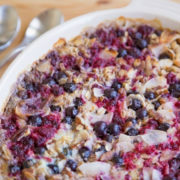 chai spice bread pudding with berries and honey