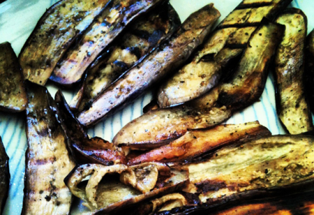 grilled eggplant salad with pine nuts and feta cheese