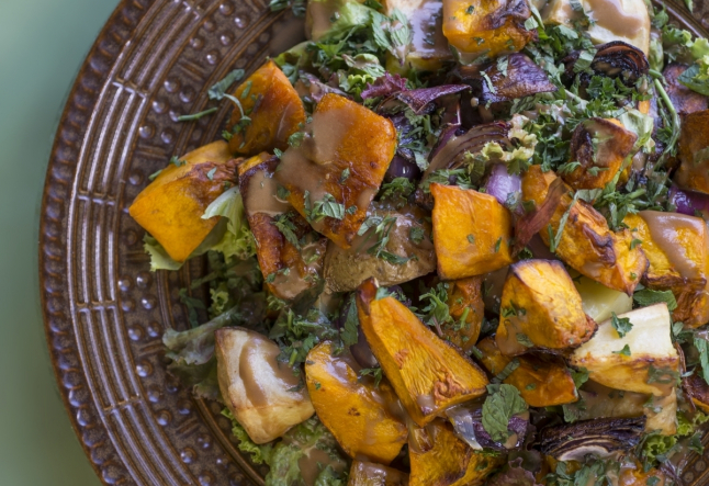 warm roasted pumpkin and potato vegan salad