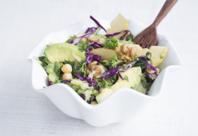 walnut, apple, chickpea & kale vegan salad with maple mustard dressing