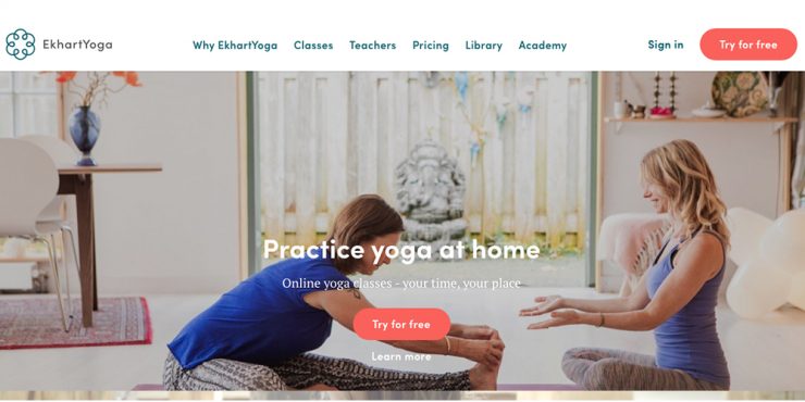 screen shot home page website two woman practicing yoga at home living room blue tops how to