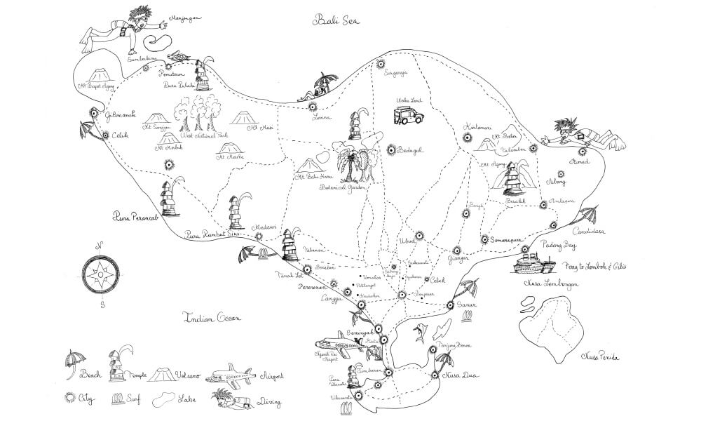 map of bali vacation in black and white