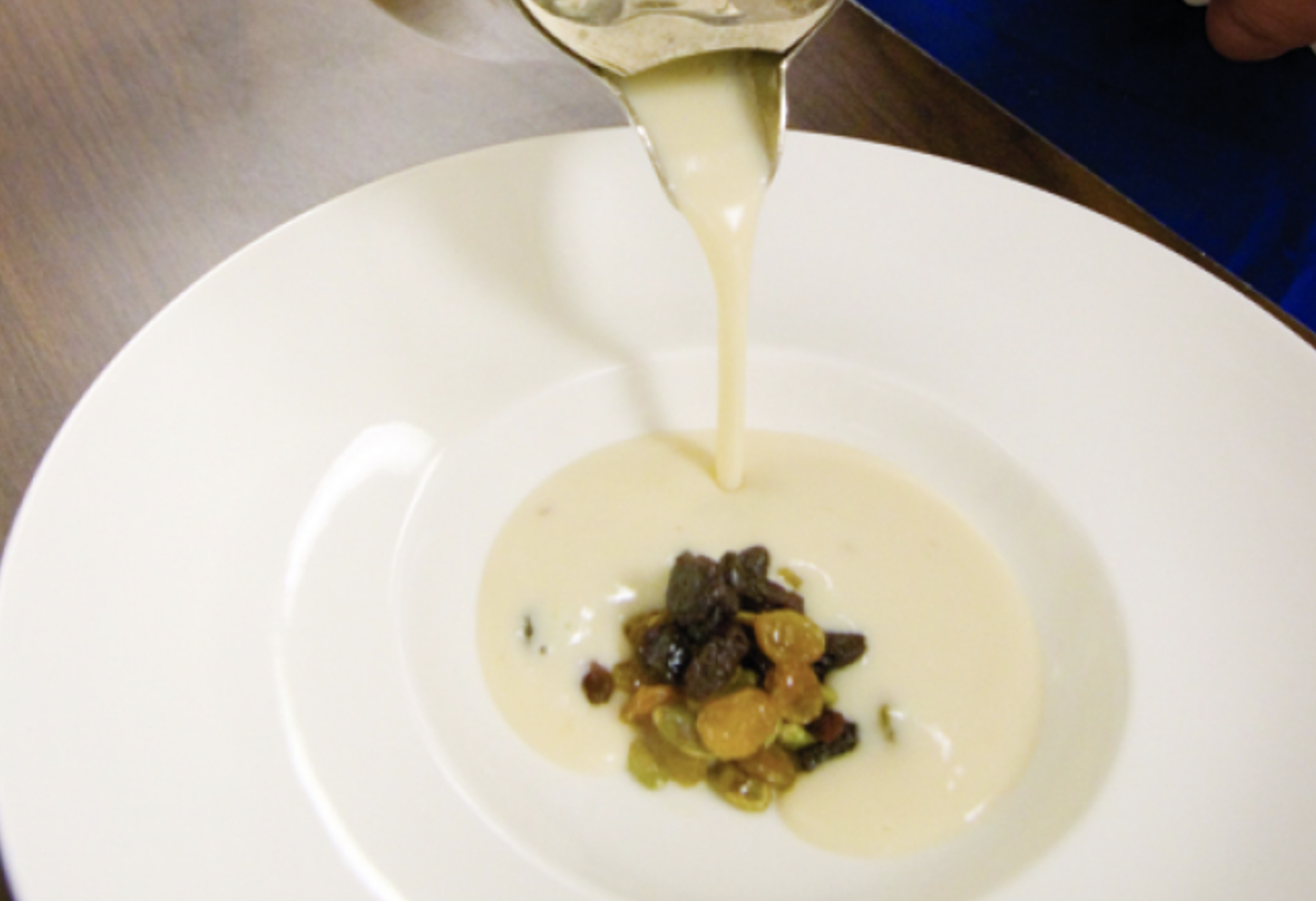 almond potato milk soup with california raisins pumpkin seeds