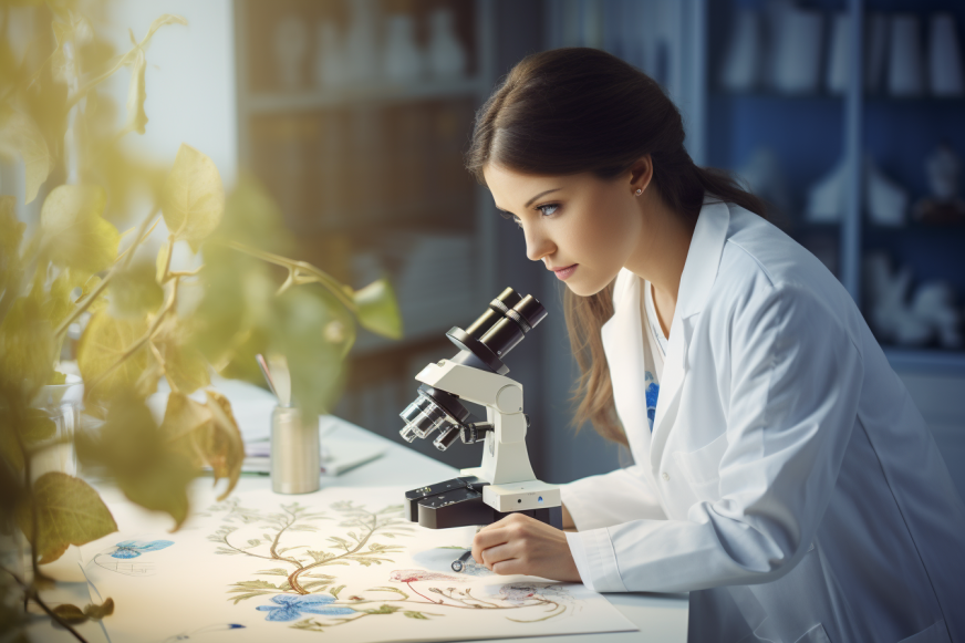 Woman looking into a microscope h3o