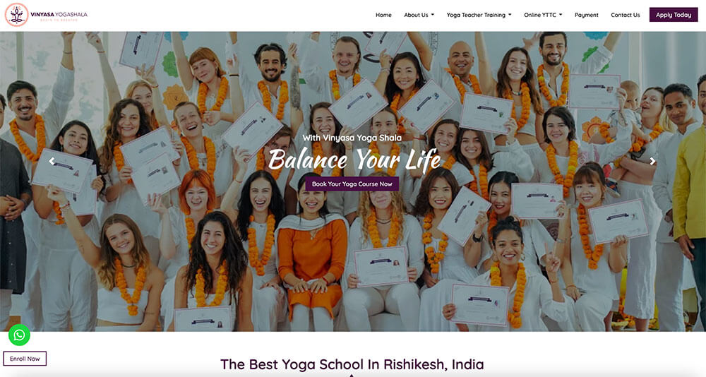 screenshot of website Vinyasa Yogashala online YTT