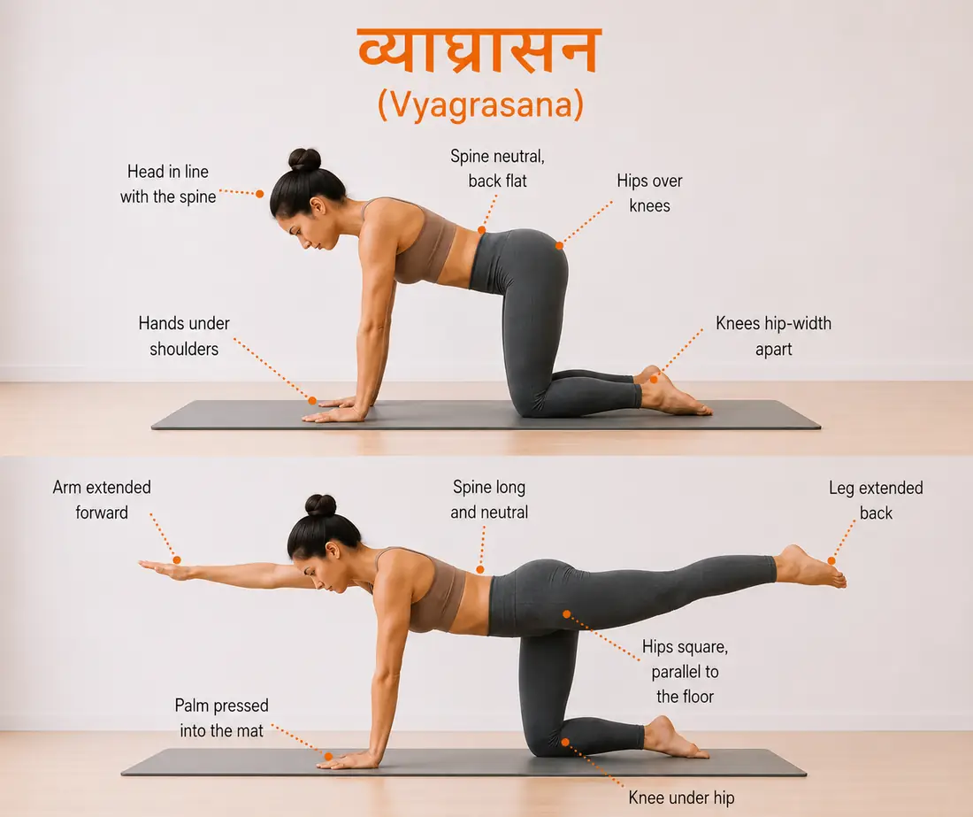 Bird Dog pose (Dandayamana Bharmanasana) shown step-by-step from tabletop position to opposite arm and leg extension. This beginner-friendly yoga exercise strengthens the core, glutes, and back muscles while improving balance, posture, and spinal stability. Bird Dog is frequently included in yoga routines designed to help reduce lower back pain and support a healthy spine.
