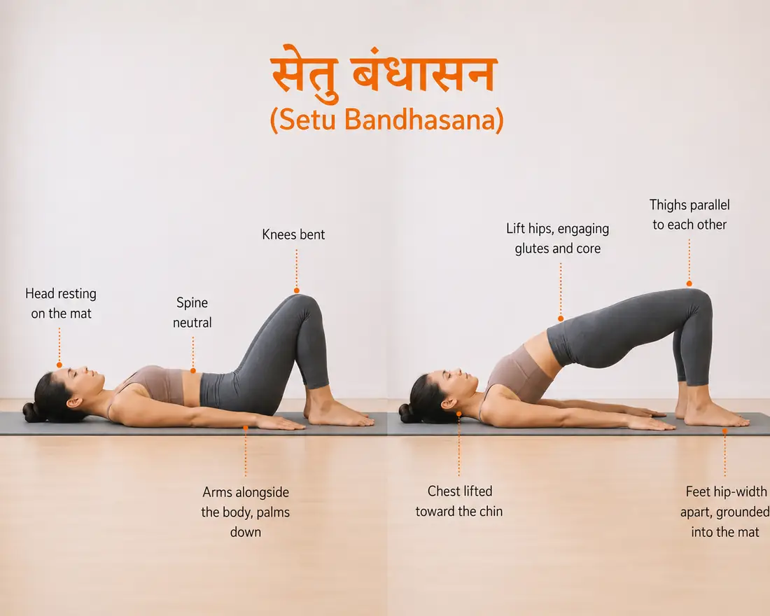 Cat-Bridge Pose (Setu Bandhasana) demonstrated step-by-step as part of a yoga for back pain relief sequence. This gentle back-strengthening pose engages the glutes, hamstrings, and core while supporting spinal alignment and mobility. Commonly included in yoga routines designed to help reduce lower back pain, stiffness from prolonged sitting, and muscular tension in the back and hips.