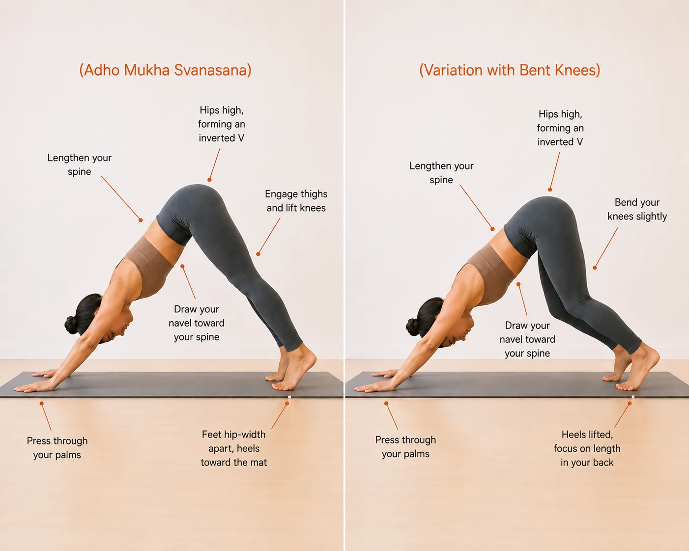 This Downward-Facing Dog (Adho Mukha Svanasana) infographic demonstrates proper alignment, common modifications, and key posture cues for improving spinal length, shoulder stability, and overall mobility. Often included in yoga routines for back pain, flexibility, and posture improvement, Downward Dog can help release tension throughout the back body while building strength and body awareness. The image also includes a bent-knee variation suitable for beginners and practitioners with tight hamstrings.