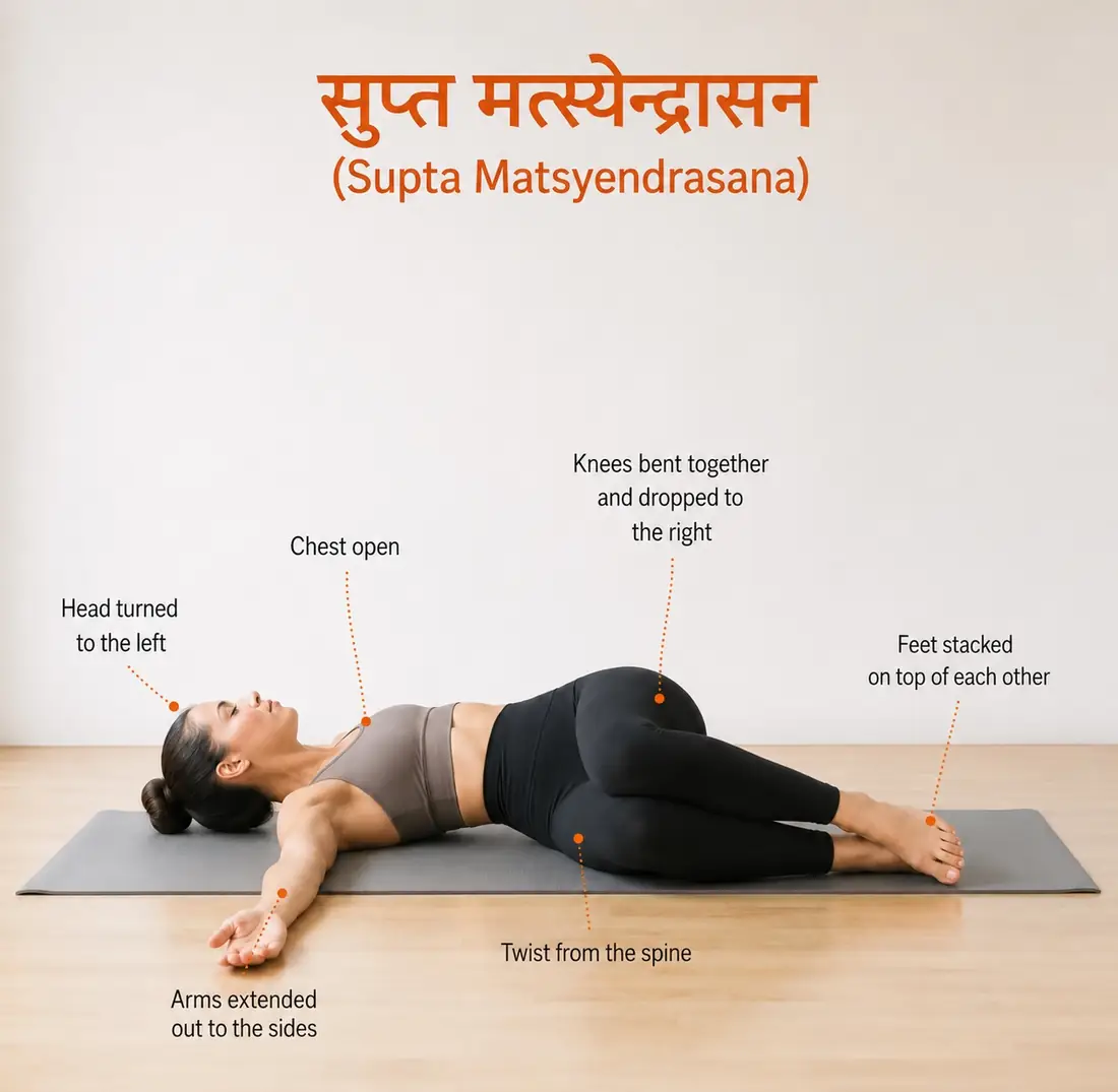 Instructional yoga pose image demonstrating Supta Matsyendrasana, also known as Reclined Spinal Twist Pose, with alignment cues for spinal rotation, chest opening, and lower back relaxation. Part of YOGI TIMES’ guide to yoga poses that may help relieve back pain and improve mobility.