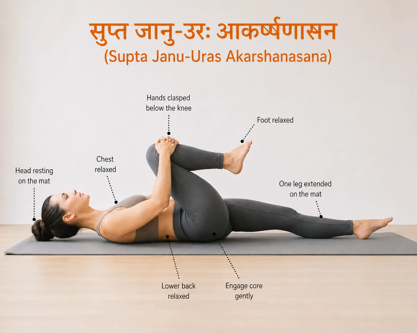 The Supine Knee-to-Chest Stretch is a gentle yoga pose commonly used to relieve lower back tension, improve hip mobility, and reduce stiffness after long periods of sitting. Frequently recommended in yoga for lower back pain routines, this pose may help release tight muscles around the lumbar spine, hips, and glutes while encouraging healthy spinal movement.