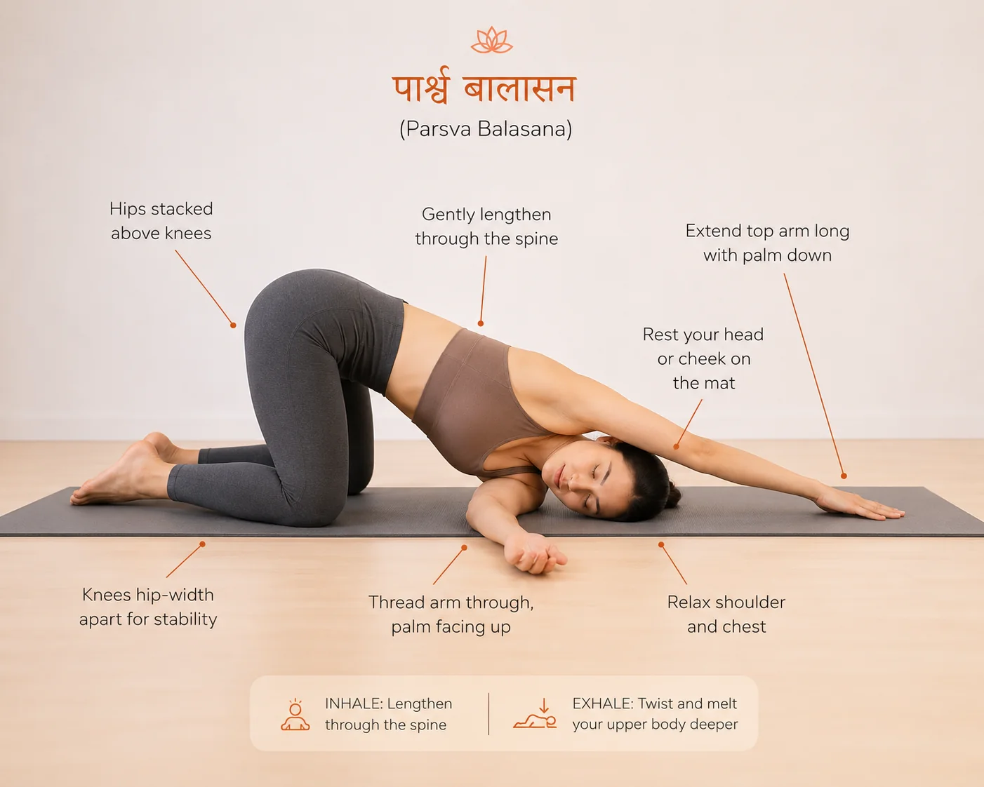This Thread the Needle (Parsva Balasana) infographic illustrates proper alignment and breathing cues for safely practicing one of yoga’s most effective shoulder and upper back stretches. The pose helps improve thoracic spine mobility, reduce tension across the neck and shoulders, and support overall spinal health. Often included in yoga routines for back pain, posture correction, and flexibility, Thread the Needle offers a gentle twist that encourages relaxation while increasing mobility throughout the upper body.