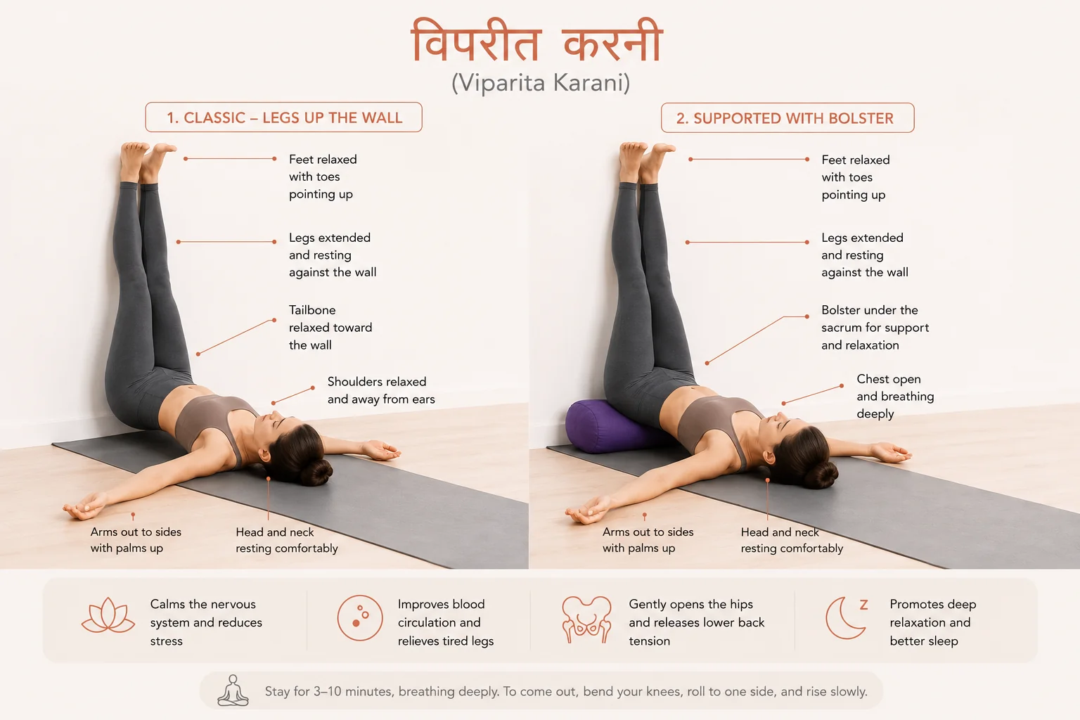Learn how to practice Viparita Karani (Legs Up the Wall Pose) with classic and supported variations. Discover alignment tips, restorative benefits, and relaxation techniques.