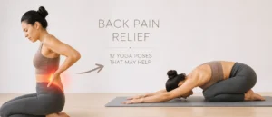 Featured image for YOGI TIMES’ guide to the best yoga poses for back pain. The image illustrates a common lower back pain scenario alongside a gentle yoga posture often used to reduce muscular tension, improve mobility, and support spinal health. The article explores beginner-friendly yoga stretches and poses that may help relieve lower back pain, sciatica-related discomfort, stiffness from prolonged sitting, and general back tension while emphasizing safe movement and proper alignment.