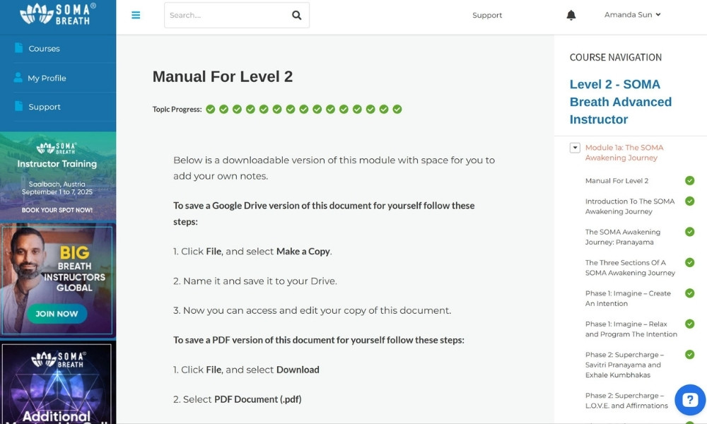 SOMA Breath Level 2 course dashboard showing manual access and progress tracker for advanced instructor training.