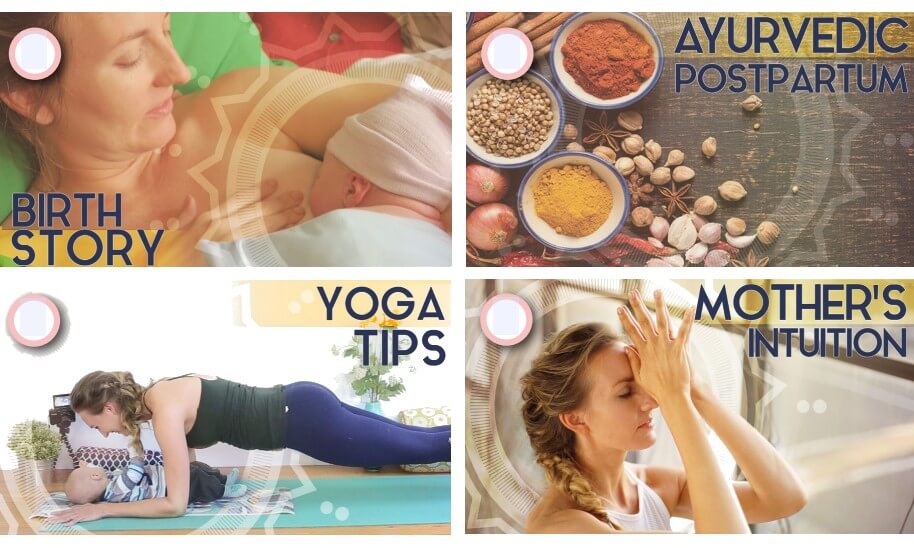 Additional resources from the Uplifted prenatal yoga course, including birth story reflection, Ayurvedic postpartum wellness, postnatal yoga tips, and a guided practice on developing mother’s intuition.