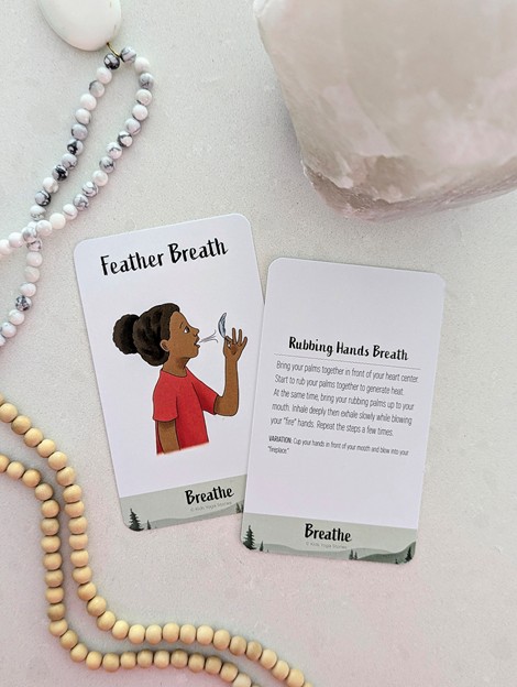 Breathing exercise activity showing feather breath technique, helping children learn deep breath practices for positive impact on well-being