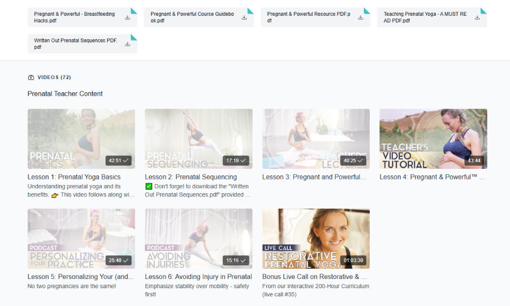 Preview of the Uplifted Pregnant and Powerful online prenatal yoga teacher training platform, showing downloadable PDFs and video lessons including prenatal sequencing, teaching tips, and restorative yoga