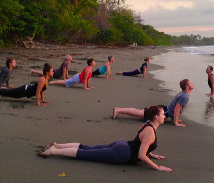 A group performs yoga poses on a serene Bali beachfront at sunrise or sunset, illustrating an ideal outdoor studio setting for a yoga retreat