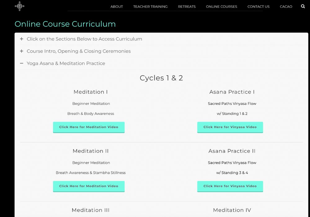 Explore the Sacred Paths Yoga online course platform — a user-friendly, well-organized interface with clickable modules for meditation, asana practice, and ceremonies, designed to guide students through their 200-hour YTT journey.