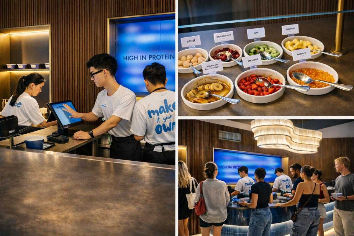 Customers at Miyo frozen yogurt shop in Pererenan Canggu Bali choosing fresh toppings and high protein yogurt