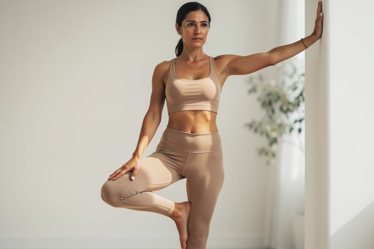 Proper tree pose alignment with level hips and tall spine in Vrksasana