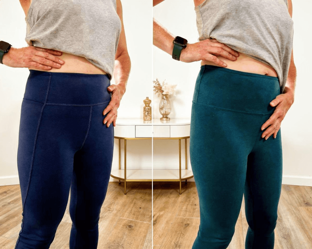 Side-by-side view of Definite Articles Trimline 7/8 leggings showcasing their high-waisted fit, sculpting support, and smooth, non-toxic fabric in two colors compared to Beyond Yoga´s leggings.