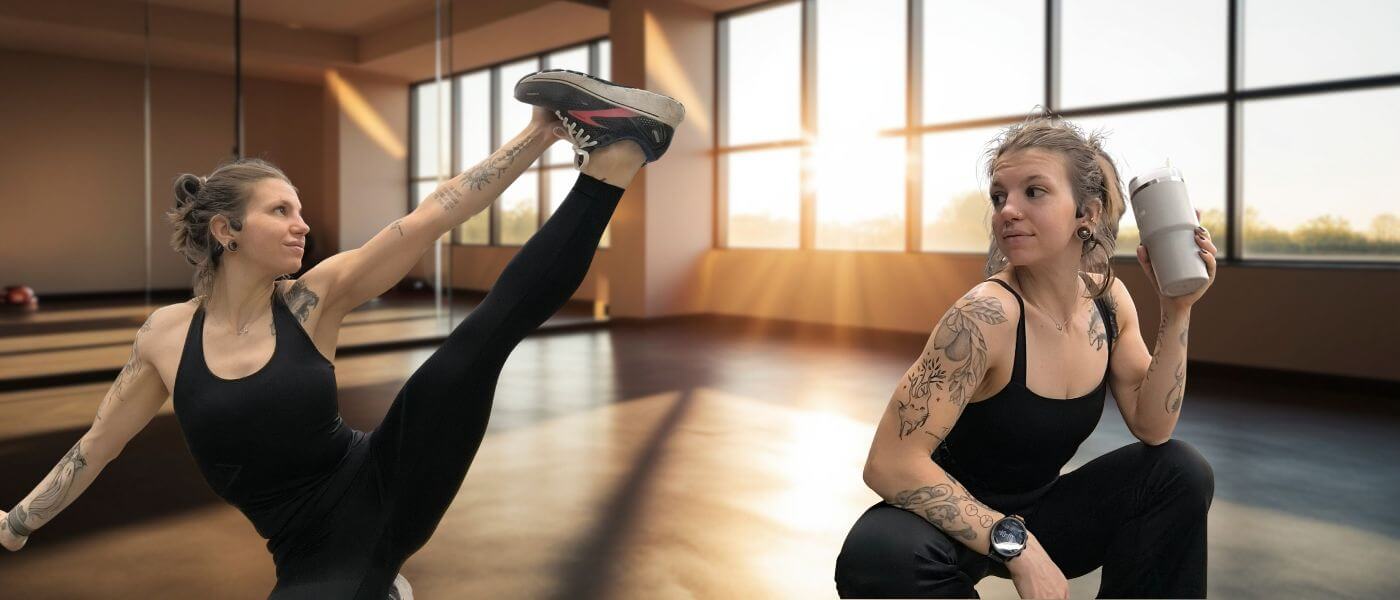Graphene-X Kyorene yoga activewear review showing woman stretching and training in Nourish Tank and Thermagraph Pants