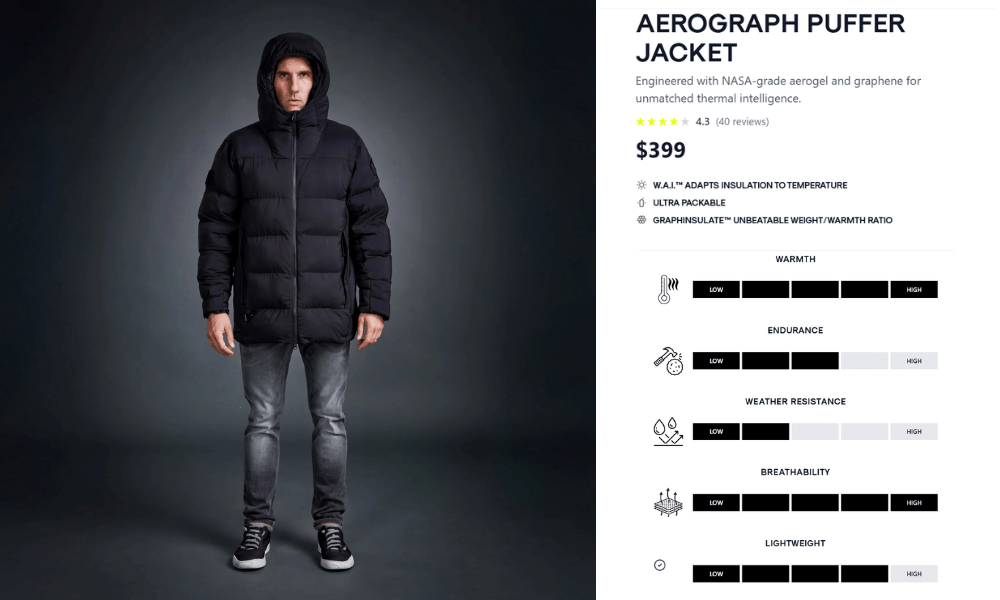 AeroGraph Puffer Jacket performance metrics and product image from Graphene-X website