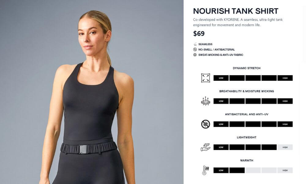 Graphene-X Kyorene Nourish Tank showing women’s seamless yoga top with breathable and antibacterial performance features