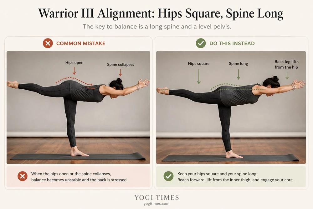 YOGI TIMES educational infographic illustrating proper Warrior III (Virabhadrasana III) alignment. Learn how keeping the hips level, the spine long, and the core engaged creates a stronger, more stable balancing pose while avoiding common alignment mistakes.