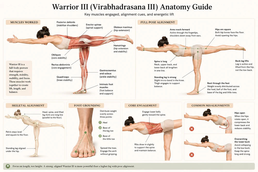 Warrior III is a full-body balancing pose that relies on coordinated engagement of the standing leg, core, glutes, spinal muscles, and shoulders. Maintaining a level pelvis and a long spine is more important than lifting the back leg as high as possible.
