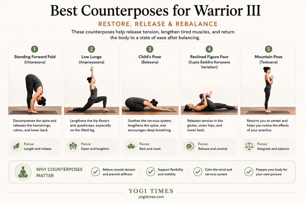 Educational YOGI TIMES infographic showing the best counterposes for Warrior III, including Standing Forward Fold, Low Lunge, Child’s Pose, Reclined Figure Four, and Mountain Pose to release tension, rebalance the body, and restore ease after Virabhadrasana III.