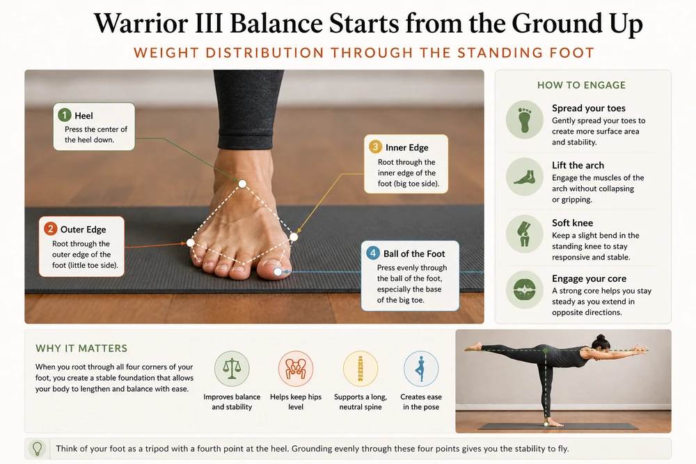 Educational YOGI TIMES infographic illustrating proper weight distribution through the standing foot in Warrior III (Virabhadrasana III). Demonstrates how grounding evenly through the heel, big-toe mound, and little-toe mound improves balance, hip stability, spinal alignment, and overall control in the pose.