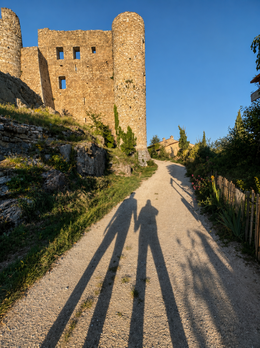 Ombres de deux visiteurs dans les ruelles de Bargème, village perché du Haut Var à proximité de la Ferme Saint Pierre.