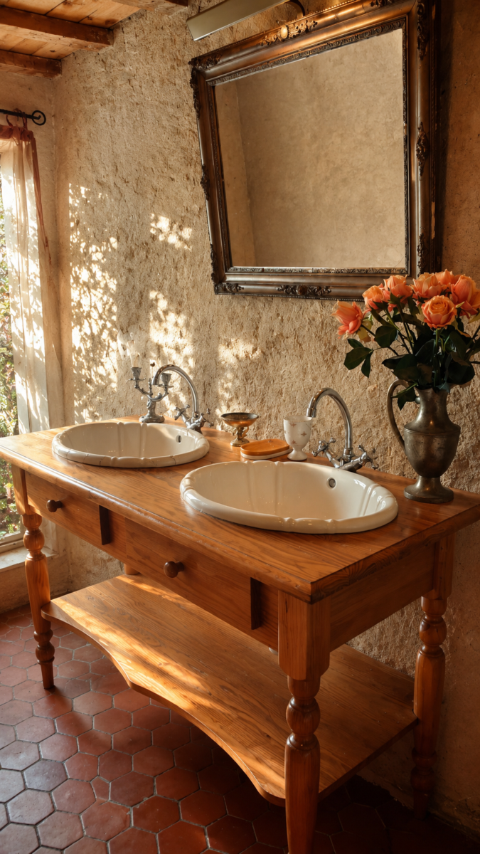 Salle de bains d’une chambre d’hôtes de la Ferme Saint Pierre, entre bois, pierre ancienne et charme rustique en Provence.