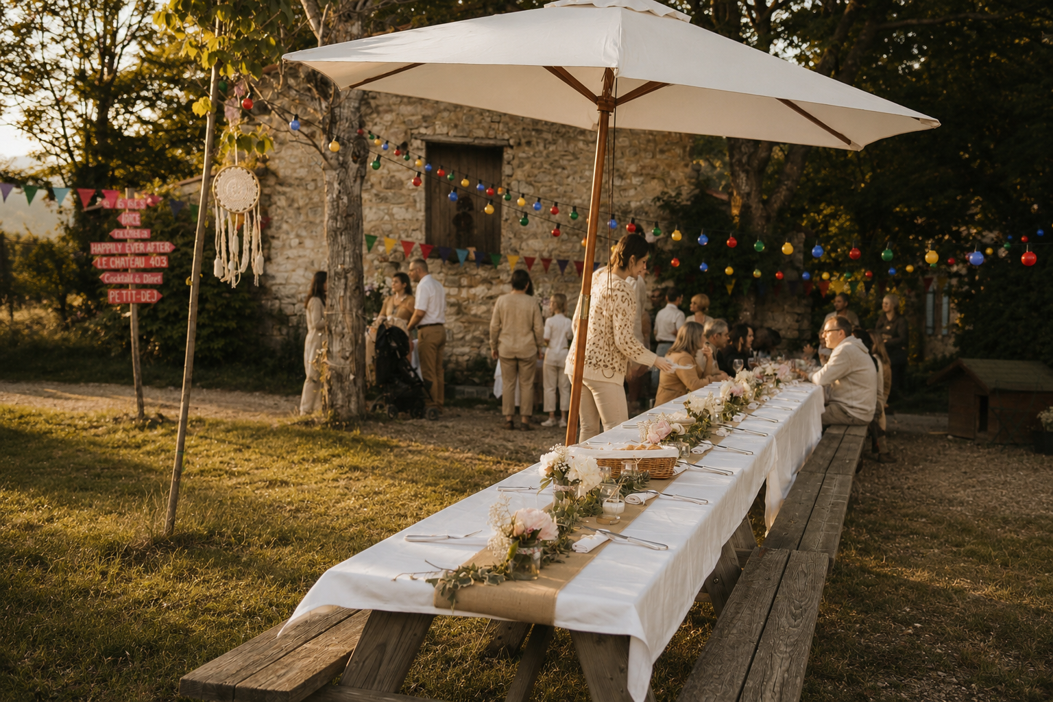 Mariage champêtre en pleine nature à la Ferme Saint Pierre, avec repas en extérieur sous les arbres dans le Haut Var.