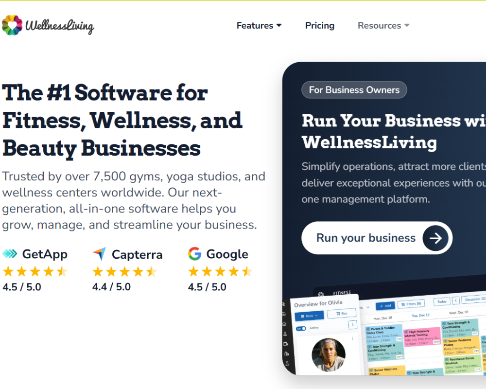 WellnessLiving homepage highlighting software for fitness, wellness, and beauty businesses