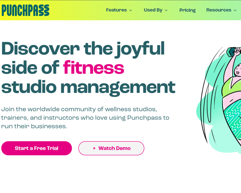 Punchpass homepage promoting fitness studio management software with free trial and demo options