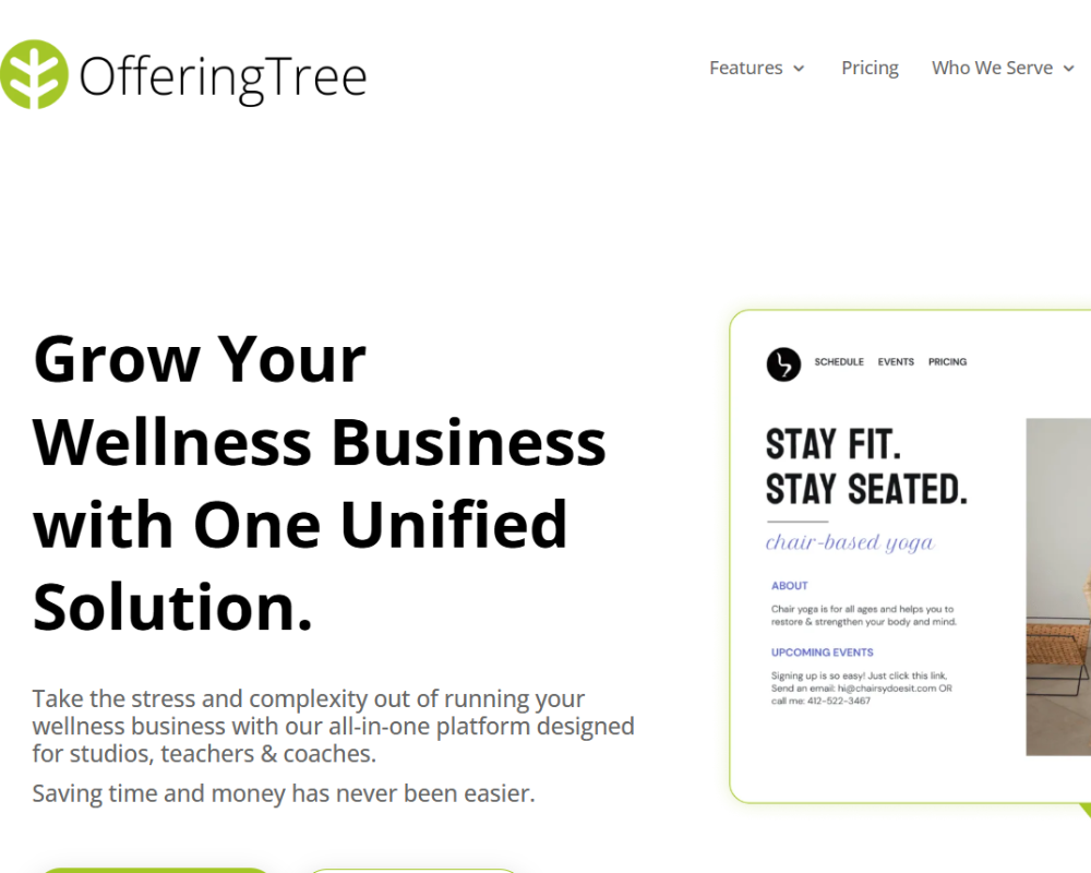 OfferingTree homepage showing wellness business software for studios, teachers, and coaches