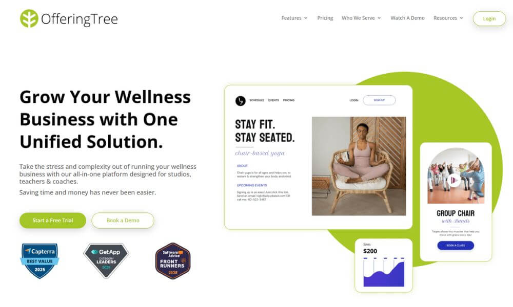 OfferingTree landing page highlighting some of the yoga business management tools.
