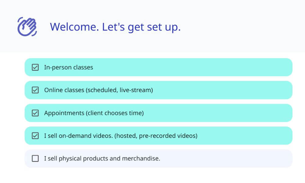 Screenshot of OfferingTree set-up screen with tick boxes next to the type of offerings the user is planning to offer.